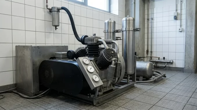 Hochdruck-Atemluftkompressor mit dreistufigem Verdichterblock, Elektromotor und zwei stehenden Filterpatronen in einem Fuellraum.