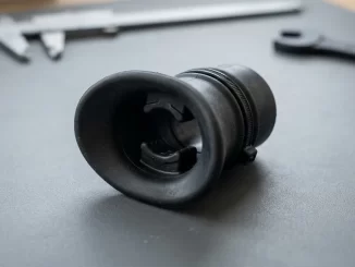 Einzelnes schwarzes Silikon-Mundstueck mit Lippenschild, zwei gegenueberliegenden Bisswarzen und Kabelbinder in der Ringnut des Rohrstutzens.