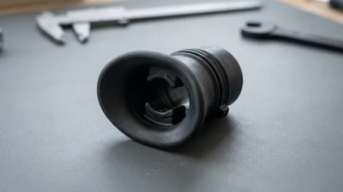 Einzelnes schwarzes Silikon-Mundstueck mit Lippenschild, zwei gegenueberliegenden Bisswarzen und Kabelbinder in der Ringnut des Rohrstutzens.