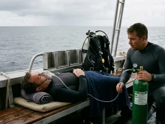 Verunglückter Taucher liegt an Bord eines Tauchboots und atmet Sauerstoff aus einem Koffer, während ein zweiter Taucher die Flasche hält.