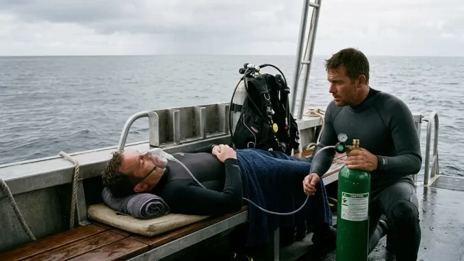 Verunglückter Taucher liegt an Bord eines Tauchboots und atmet Sauerstoff aus einem Koffer, während ein zweiter Taucher die Flasche hält.