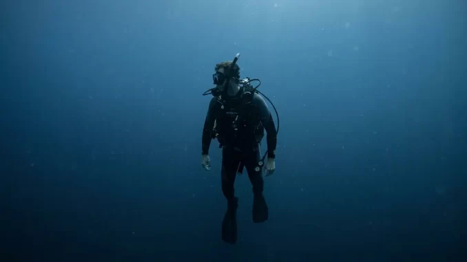 Einzelner Taucher im offenen Blauwasser dreht sich suchend um, ringsum nur leeres Wasser.