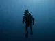 Einzelner Taucher im offenen Blauwasser dreht sich suchend um, ringsum nur leeres Wasser.