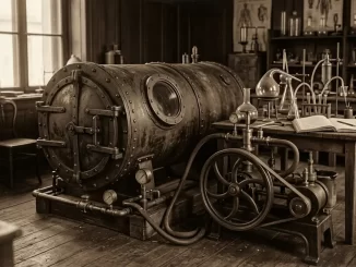 Physiologisches Laboratorium des 19. Jahrhunderts mit genieteter Eisendruckkammer, Bullauge, Handpumpe und Messingarmaturen.