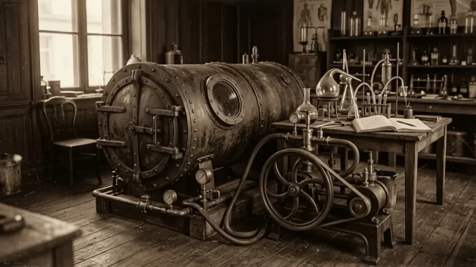 Physiologisches Laboratorium des 19. Jahrhunderts mit genieteter Eisendruckkammer, Bullauge, Handpumpe und Messingarmaturen.