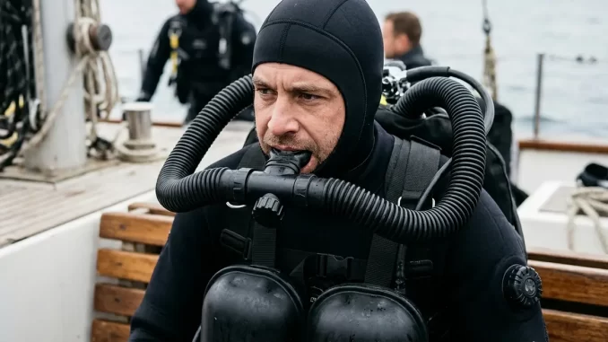 Taucher atmet vor dem Tauchgang aus dem Mundstück seines Kreislauftauchgeräts, die Atemschläuche führen über die Schultern zu den Gegenlungen.