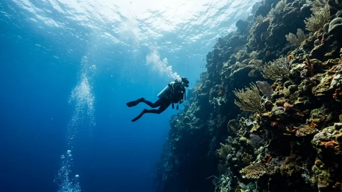 Taucher steigt neben einer steil abfallenden Riffwand im Mittelwasser auf, unter ihm das dunkle Blau, über ihm die Wasseroberfläche.