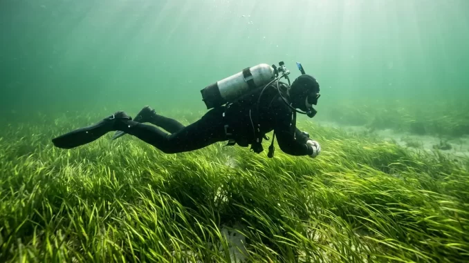 Taucher schwebt waagerecht knapp über einer dichten Seegraswiese aus langen grünen Blättern im flachen, sonnendurchfluteten Ostseewasser.