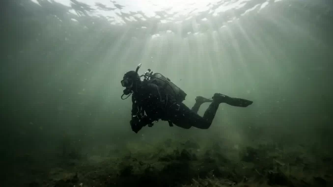 Taucher in einem trüben Baggersee, dessen Umrisse sich nach wenigen Metern im grünlichen Schwebstoffdunst verlieren.