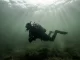 Taucher in einem trüben Baggersee, dessen Umrisse sich nach wenigen Metern im grünlichen Schwebstoffdunst verlieren.