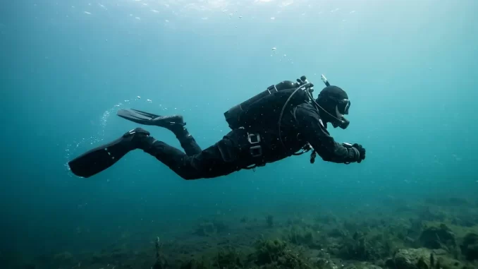 Waagerecht schwebender Taucher bewegt die schräg gestellten Flossenblätter in einer flachen, schaufelnden Seitwärtsbewegung, die Hände bleiben ruhig.