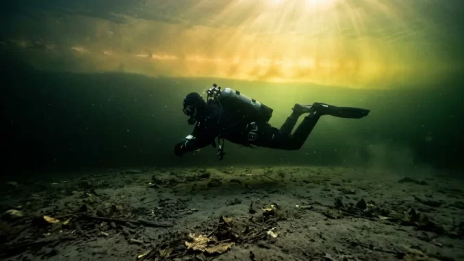 Taucher im Trockenanzug schwebt im Spaetsommer ueber dem schlammigen Grund eines Sees in dunklem Tiefenwasser, darueber eine hellere warme Wasserschicht.