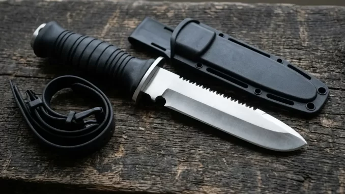 Tauchermesser mit stumpfer Spitze, Wellenschliff und halbrundem Leinenschneider am Klingenansatz, daneben die Scheide mit Gummibaendern.