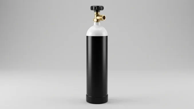 Schlanke schwarze Stahl-Tauchflasche mit weisser Schulter und einzelnem Flaschenventil, aufrecht vor neutralem Hintergrund.