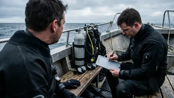 Zwei Taucher besprechen an Bord eines Tauchboots den Tauchgang, vor ihnen die zusammengebauten Tauchgeraete.