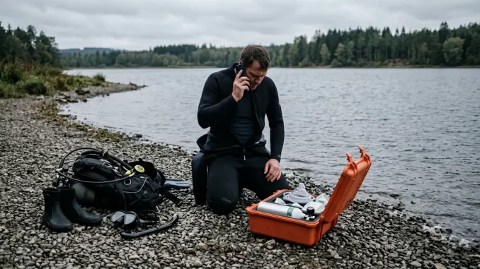 Taucher kniet am Seeufer neben einem geoeffneten Sauerstoffkoffer und telefoniert mit einem Mobiltelefon.