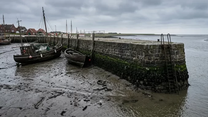 Kaimauer bei Niedrigwasser mit deutlich sichtbarer Bewuchslinie des Hochwassers und zwei trockengefallenen Booten im Schlick.