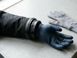 Nahaufnahme eines Trockenhandschuhs, der ueber ein zweiteiliges Ringsystem an der Armmanschette eines Trockentauchanzugs sitzt, daneben ein Fleece-Unterziehhandschuh.