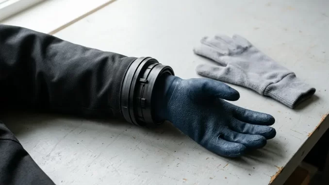Nahaufnahme eines Trockenhandschuhs, der ueber ein zweiteiliges Ringsystem an der Armmanschette eines Trockentauchanzugs sitzt, daneben ein Fleece-Unterziehhandschuh.