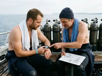 Zwei Taucher planen in der Oberflaechenpause an Bord den zweiten Tauchgang mit Tauchcomputer und Schreibtafel.