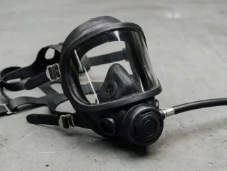 Tauch-Vollgesichtsmaske mit grossem Sichtfenster, Innenmaske, integrierter zweiter Stufe und fuenfarmiger Kopfspinne auf einer grauen Werkbank.