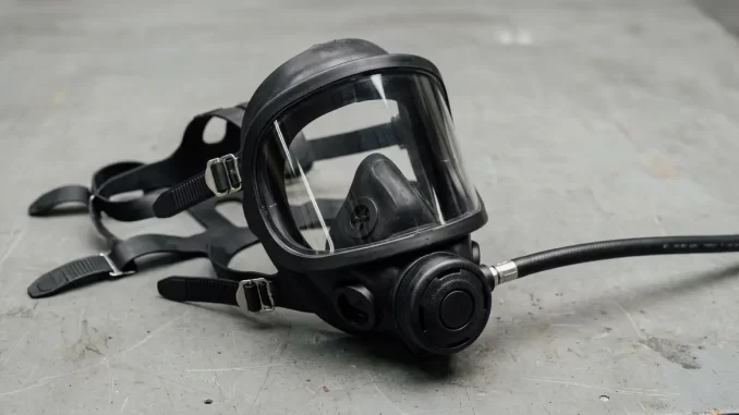 Tauch-Vollgesichtsmaske mit grossem Sichtfenster, Innenmaske, integrierter zweiter Stufe und fuenfarmiger Kopfspinne auf einer grauen Werkbank.