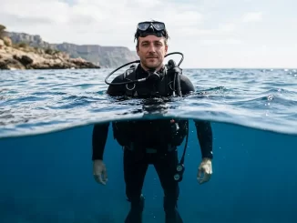 Taucher schwebt bewegungslos aufrecht im Meerwasser, die Wasserlinie steht ihm genau in Augenhöhe.