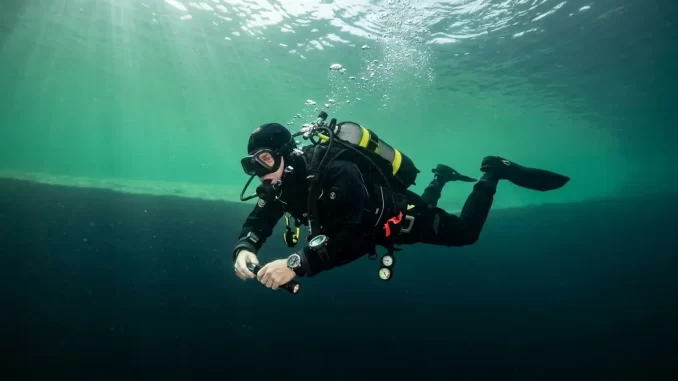 Taucher an einer deutlich sichtbaren Sprungschicht zwischen hellem Oberflächenwasser und dunklem Tiefenwasser.