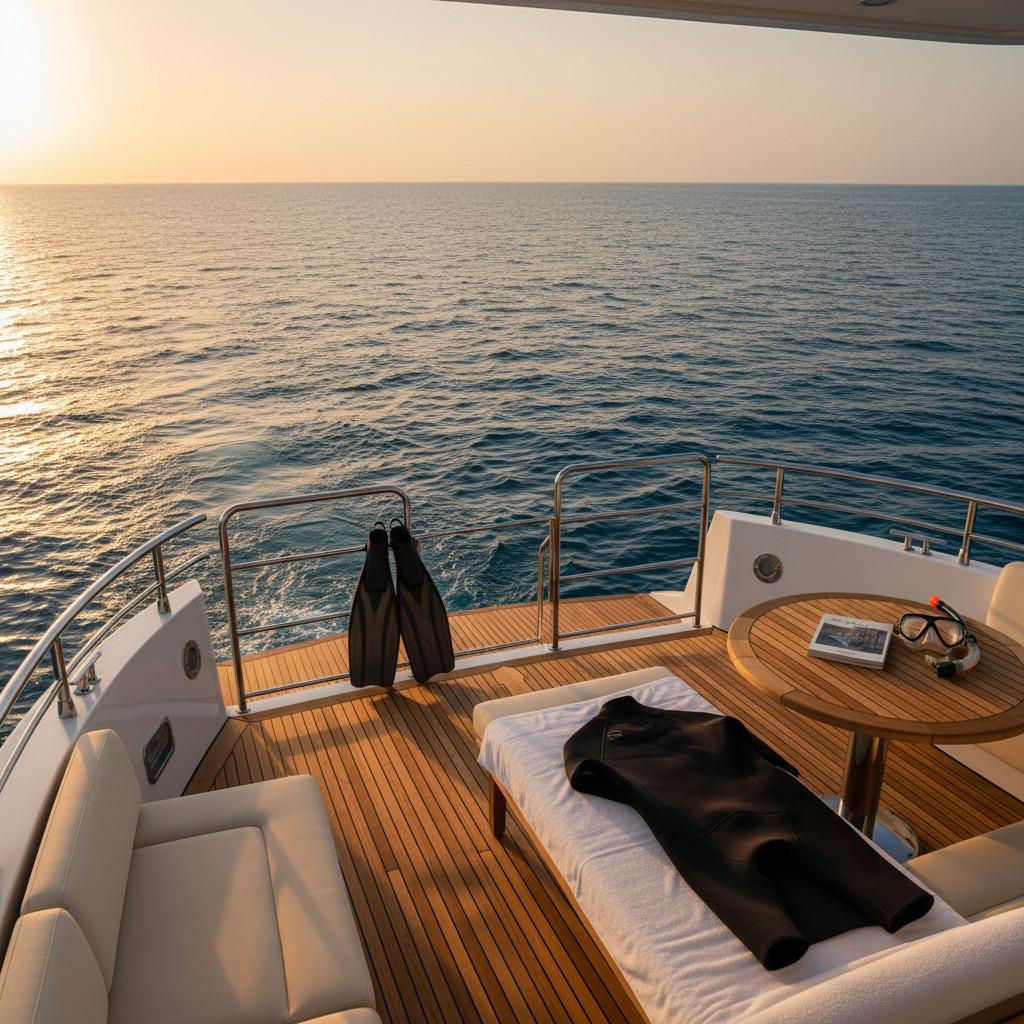 Arenui luxury liveaboard on calm blue waters with subtle diving gear