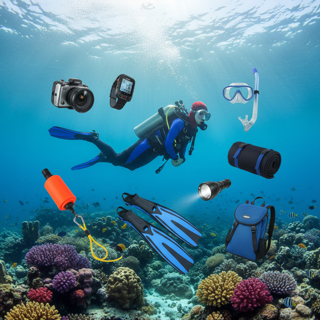 Diver surrounded by diving gift items underwater