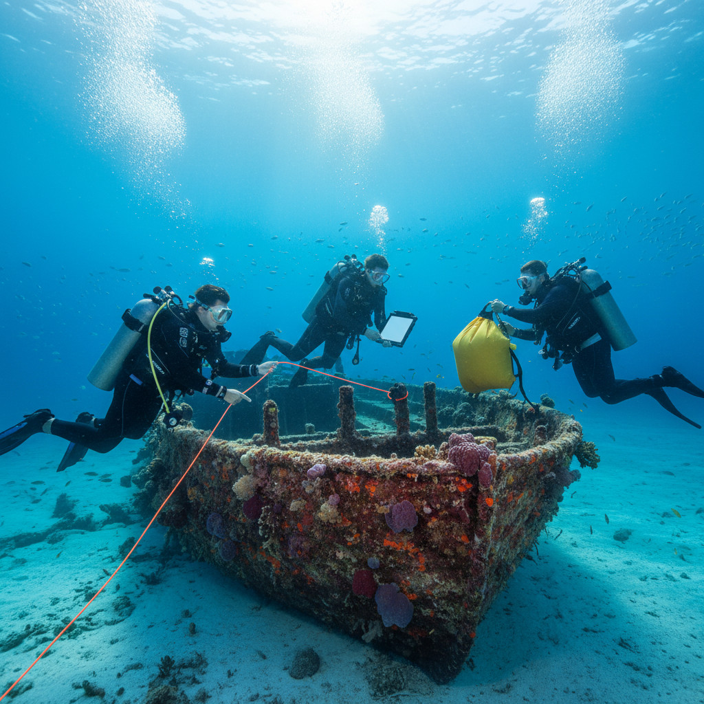 Divers working together around a shallow wreck, one holding a guideline, one recording data on a slate, and a third securing equipment. Sunbeams filter through clear blue water to emphasize teamwork and safety.