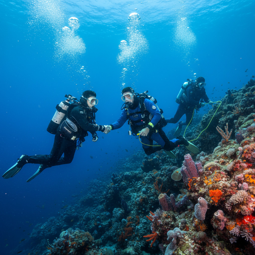Taucher reichen sich unter Wasser die Hand