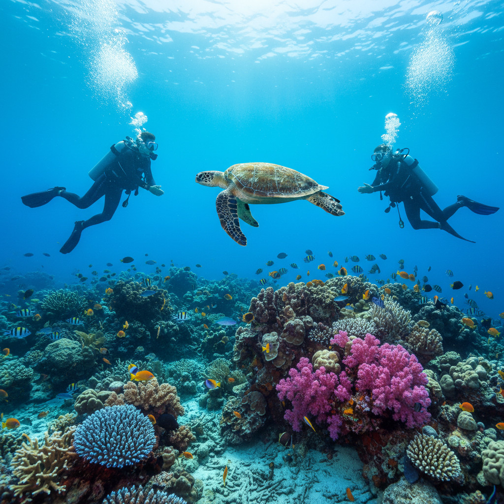 Ein lebendiger Korallengarten mit verzweigten und Felsen-Korallen, Schulen von tropischen Fischen, einer Meeresschildkröte, die in der Nähe gleitet, und zwei Freizeittauchern, die unter Sonnenstrahlen die Auftriebskontrolle üben.